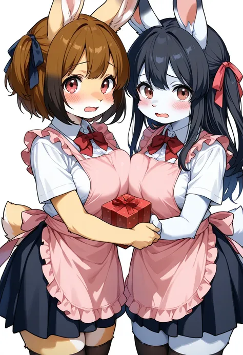 2girls, (furry, kemono:1.4), rabbit girl, animal nose, rabbit ears, multiple girls, brown hair, long hair, brown eyes, short hair, black hair, blush, open mouth, breast press, wavy mouth, one side up, red eyes, thighhighs, apron, hair ribbon, skirt, short ...