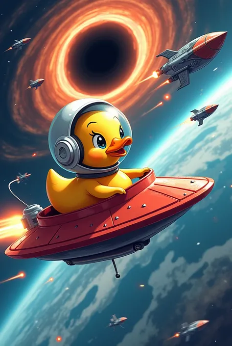 "A vibrant cartoon-style illustration of a small, bright yellow duck named Quack piloting a futuristic lily pad-shaped spaceship. Quack is wearing a glossy astronaut helmet and looks determined as it maneuvers through an intense space scene. The background...