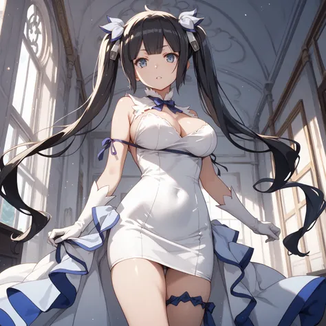 HestiaDress, sleeveless dress, pencil dress, white dress, large breasts, cleavage, underbust, blue ribbon, white gloves, twintails, long hair, black hair, blunt bangs, blue eyes, hair ribbon, white ribbon, hair bell, thigh gap, glossy skin, looking at view...