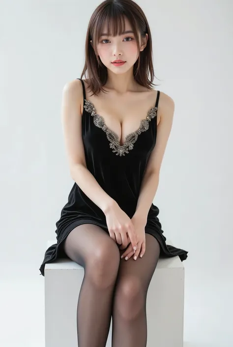  WOMAN IN A BLACK DRESS IS SEATING ON A WHITE BOX, Full body summer , Stunning graceful pose,  ULTRA REAL PANTIES  :1.5, 光沢 pantyhose、高級 pantyhose、 pantyhose、 pantyhose、 pantyhose、thick and pretty feet 、Full body photography ,  gorgeous Chinese model , エレガ...