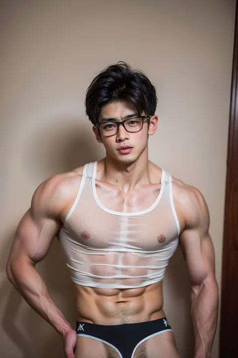 Realistic Photography, Handsome Boy, Young Age, wearing sheer wrestling singlet bulge can be seen, masterpiece, best quality, best detailed, Asian boy, Shirtless, kpop face, Short black hair, sexy expression, posing at the viewer, looking at the viewer, we...