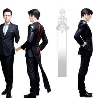 Seen from 3 different angles  、  character model sheet that is open、 depicting the same man from 3 different angles、