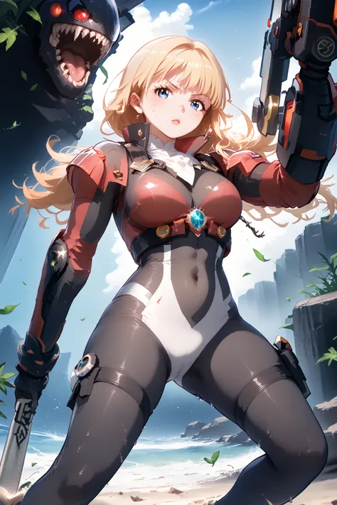 (masterpiece, best quality, ultra-detailed, 8k, photorealistic, cinematic lighting),  
a beautiful anime-style female character, wearing a sleek, high-tech battle suit made of glossy and reflective materials, armored segments, futuristic design with glowin...