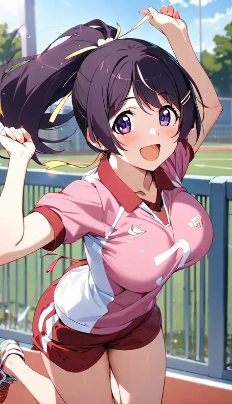 ((1girl, Hanekawa Tsubasa, monogatari \(series\))), cowboy shot, ponytail, beautiful detailed eyes, purple eyes,(cute eyes), happy, big smile, opened mouth, (sport uniform, short pants), jumping , outside, in the schoolyard, Best Quality, Super detailed, m...