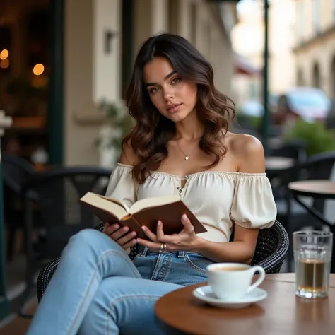 Mix between Selena Gomez and Jenna Ortega, masterpiece, ultra-realistic 8K. Éliana Morel captivates with her delicate beauty, radiant hazel eyes, and naturally wavy brown hair that softly frames her face. Photographed at a café terrace bathed in soft, natu...