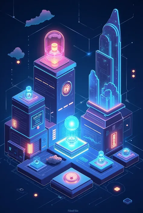  Illustration of SpaceM's future concept with futuristic elements.  Show Play2Earn game development ,  launch SpaceM Academy for blockchain education ,  and enhancement of social platform features .  Use visuals depicting immersive games ,  digital-based a...