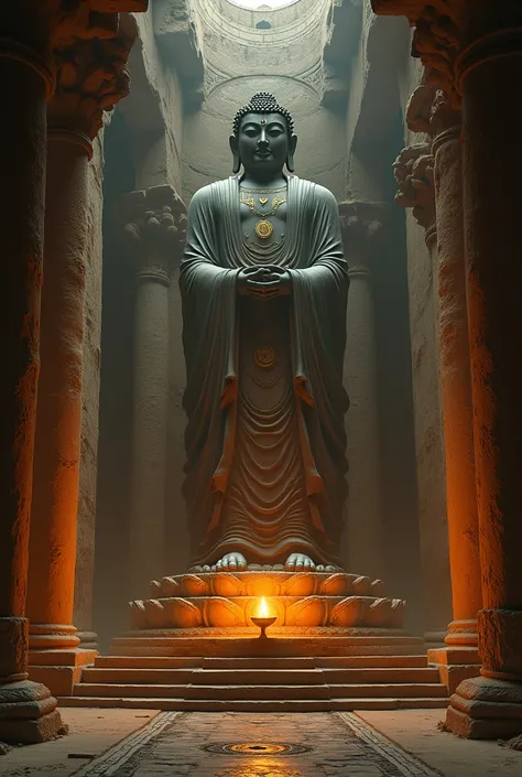 Inside the darkness Giant Ruin Monastery, duskty and sandy, sandstone Indo-Greek architecture, the Indian style Buddha statue in center, contrast cinematic lighting, darktale and epic scene. The lighting oillamb on the Altar enlightening the dark. Golden r...