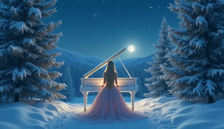 A realistic image of a 16-year-old girl with blond hair cascading down her back, wearing an elegant, flowing gown. She is seated at a white grand piano in the middle of a snowy forest, surrounded by snow-laden trees. The night sky is filled with twinkling ...