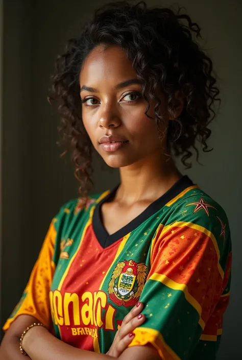 A sexy 20-year-old mixed race human girl wearing the Congo Brazzaville jersey