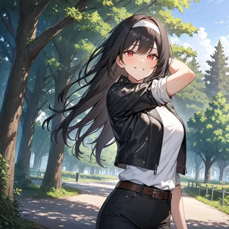 Masterpiece, Best, Smile, 1 Girl, Solo, Long Hair, Bust, Gaze, Smile, Shirt, Black Hair, One Arm Raised, Red Eyes, ((black leather jacket with rolled up arms)), ((white headband)), White T-shirt, Outdoors, Open Close, Day, Brown Belt, Black Pants open jack...