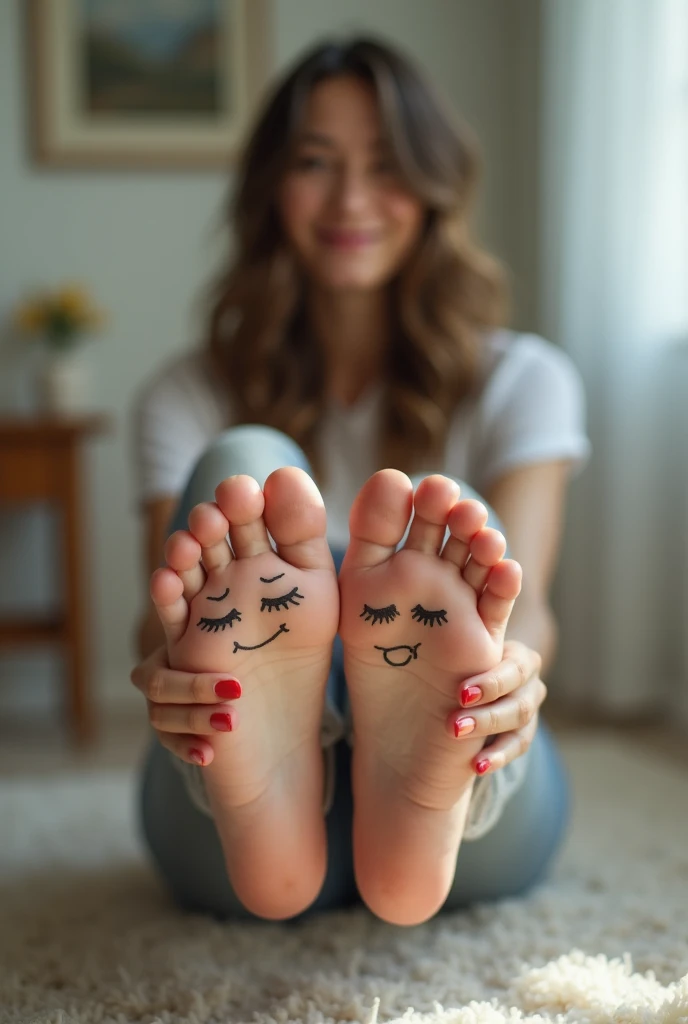 arafed woman sitting on the floor with her feet up with faces drawn on them, けもの, feet art, [ realistic photo ]!!, feet posing, realistic!!, 8k)), happy!!!, feet and hands, her foot sticking out, high soles, feet art pov, ultra realistic!!!, with funny fee...