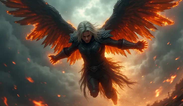 A young male angel with long white hair, in free fall, seriously injured, with his wings broken and his body engulfed in flames, falling uncontrollably at full speed, with his back to the ground. Its charred black armor reflects flashes of red and orange f...