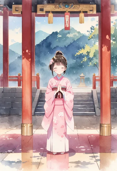  tea hair、 short ponytail 、A woman in a pink kimono poses for prayer　Temple in the distance　Anime watercolor