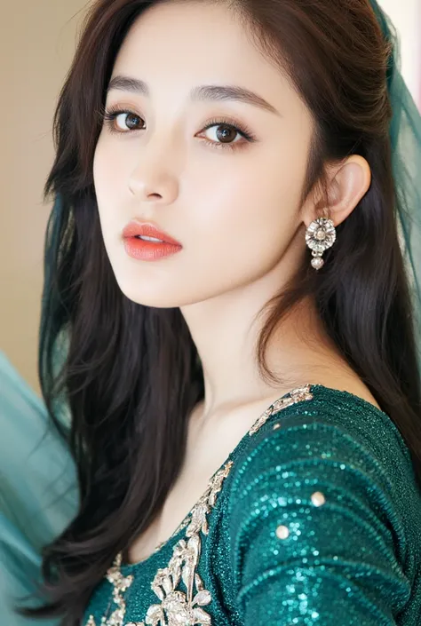 Beautiful Korean girl wearing a green sparking top with dupatta on head 