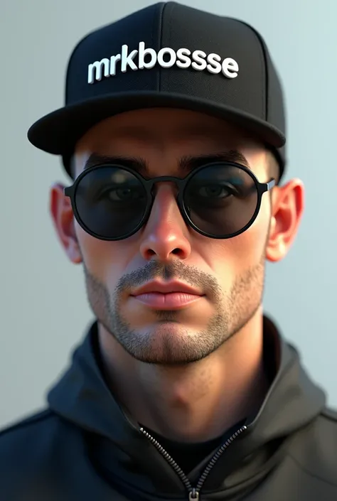 A 3D-rendered head of a 30-year-old man wearing black round glasses with dark tinted reflective lenses and a cap. The text 'mrkbogosse' should be incorporated into the design, either on the cap or as a stylish element in the background. The overall style s...