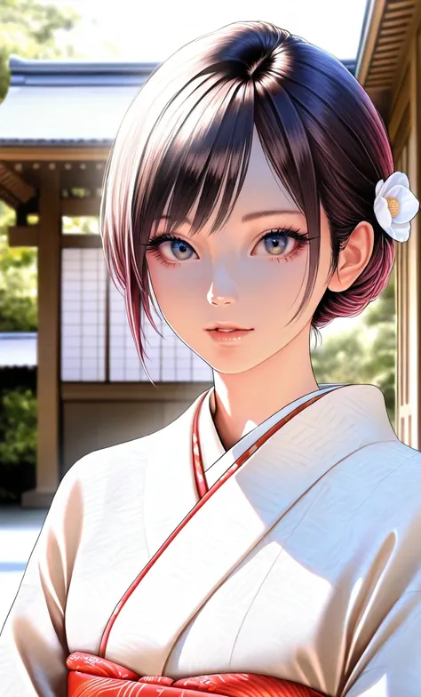 A detailed portrait of Iida Takimasu, a beautiful young woman with striking features, detailed eyes, full lips, and long eyelashes, wearing an elegant kimono in a traditional Japanese garden setting, sunlight filtering through the trees, highly detailed, r...