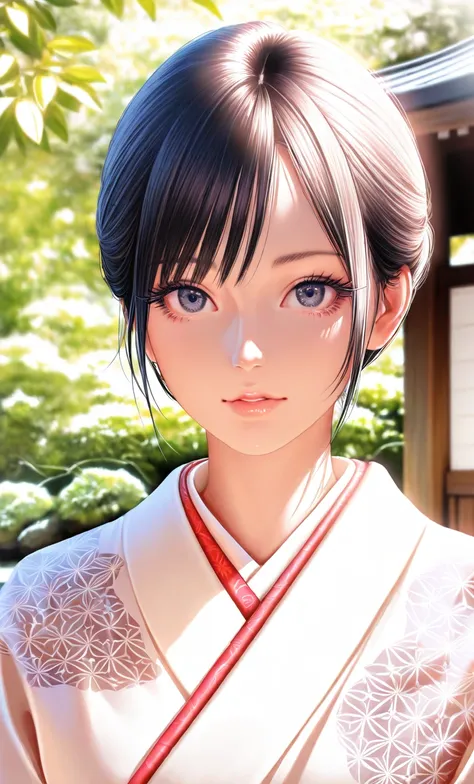 A detailed portrait of Iida Takimasu, a beautiful young woman with striking features, detailed eyes, full lips, and long eyelashes, wearing an elegant kimono in a traditional Japanese garden setting, sunlight filtering through the trees, highly detailed, r...