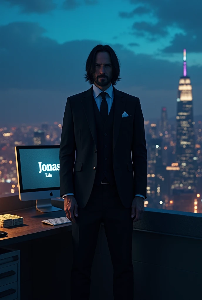  John Wick in an elegant black suit stands on the roof of a skyscraper at night .  His figure radiates calm and confidence .  Next to him is a desk with a computer ,  on the screen with the text 'Jonas Life' . A stack of money lies neatly next to him .  Be...