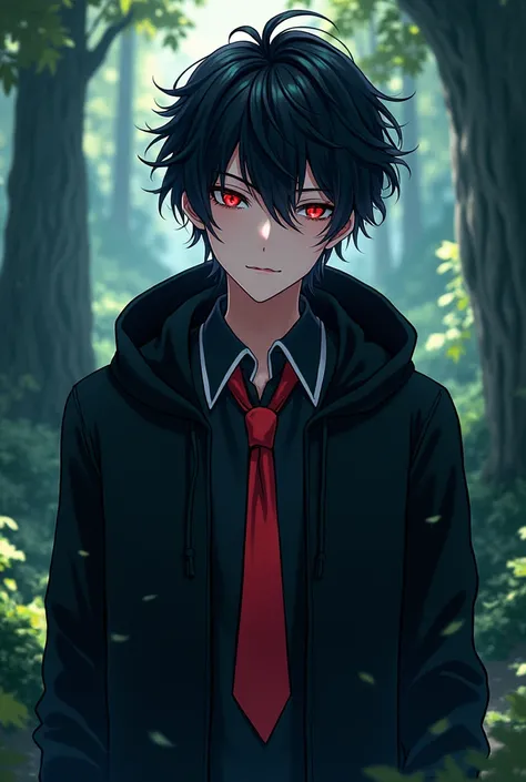 Create Anime Character Male Left Eye Red Right Eye Black Hair Black Hoodie Black T-Shirt White Tie Red Tie Nature Background 