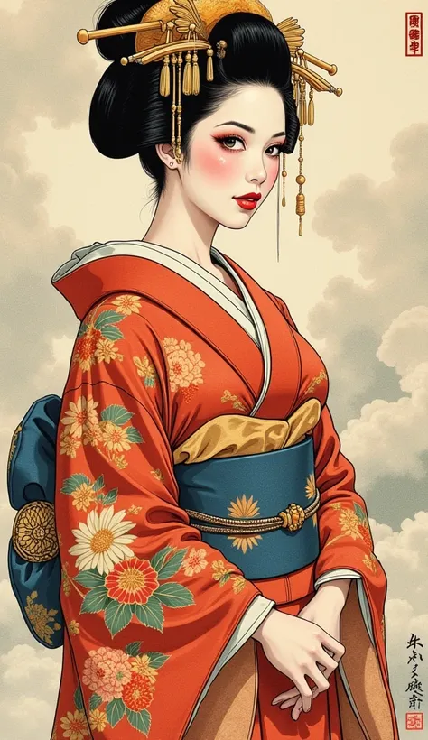  the detailed proportions and textures brushed multicolored and softened with airbrush , a semi-realistic Chinese ink illustration A young traditional geisha of from the Edo period is shown (full body, pose and in high quality) in traditional Japanese (wes...