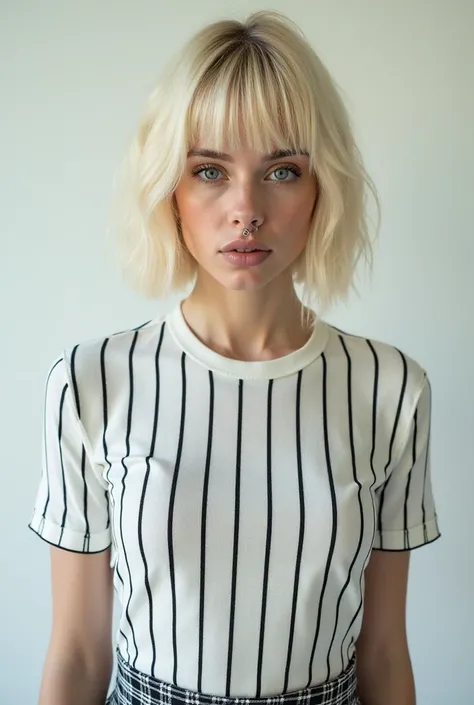  Young blonde woman ,  square cut with bangs , blue eyes, Sceptum piercing ,  dressed in white and black top stripe ,  white and black plaid skirt.