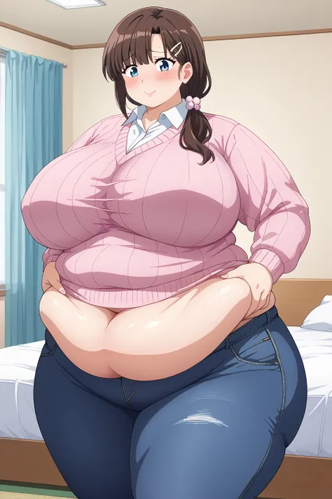 Otonashi Kyoko House Ikkoku, long hair、紺色の髪、low ponytail,pink ribbon for hair decoration、Dark blue eyes、 pink sweater 、Blue jeans 、white shirt, collared shirt,gigantic breasts,enormous breasts,Sloppy belly fat,bedroom, troubled expression, embarrassed expr...