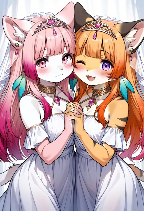 2girls,  (furry, kemono:1.4), cat girl, animal nose, cat ears, cat tail, multiple, pink hair, orange hair, long hair, purple eyes, multicolored hair, one eye closed, open mouth, pink eyes, blush, gradient hair, blunt bangs, tiara, earrings, veil, holding h...