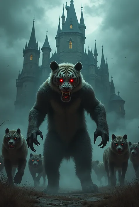 A panda with a zombie mix of a tiger in front of a ghastly castle full of wolves all around 
