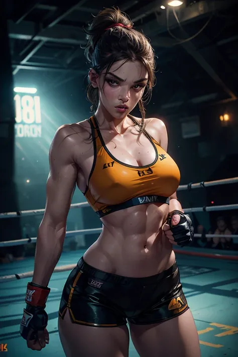 A young female fighter in a fighting pit, wearing MMA gloves, tight shorts, and a tight top, (best quality,4k,8k,highres,masterpiece:1.2),ultra-detailed,(realistic,photorealistic,photo-realistic:1.37),1girl,extremely detailed eyes and face,beautiful detail...