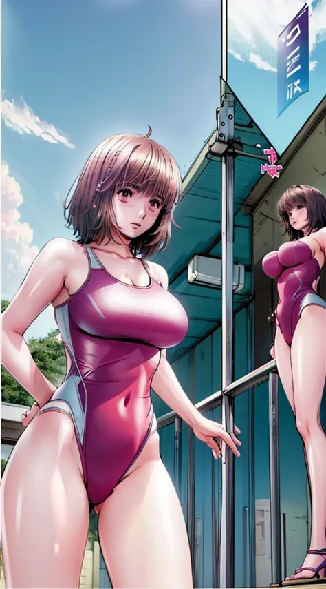 A beautiful woman with boyish, short hair, big breasts and beautiful legs is standing by the pool in a bright pink competitive swimsuit with arena marks。 angle from below 。