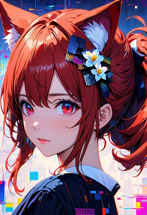 (masterpiece,  top quality ,  best quality,  Official Art,  beautiful and aesthetic:1.2),  1 girl, Red Hair, Cat ears, (glitch art), ( digital distortion),  Pixelated Fragments , Data Corruption,[ Coloured Noise , Visual clutter,Modern Aesthetics 