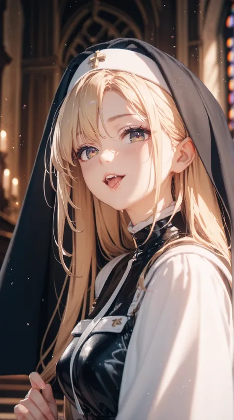 １ girls with light makeup　dark church with no lights　blonde sister　Ecstatic eyes　Black Veil　White Shoulder Strap 　Black tablier with visible nipples　Fellatio for a priest　 drool　nsfw