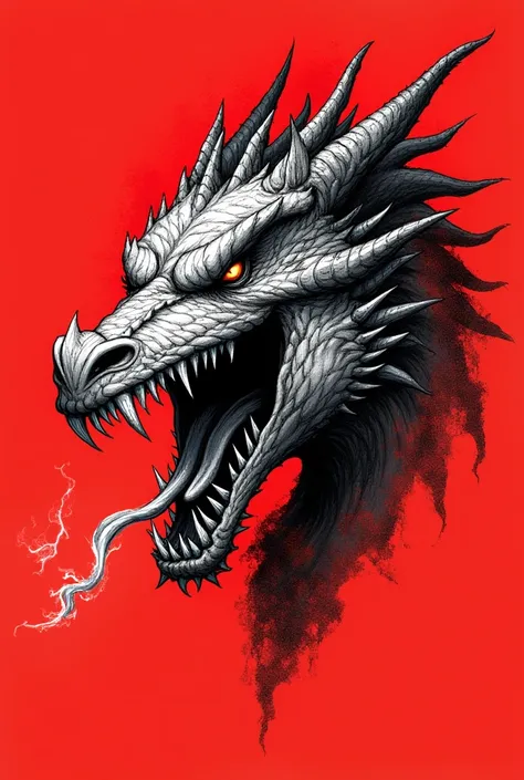 Make an angry dragon head in the shape of a drawing with the head on the black and white side, with a red background