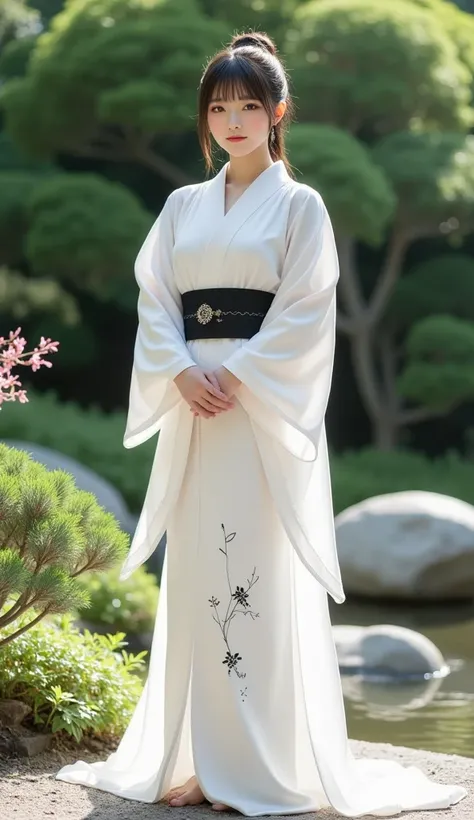  Japanese goddess wearing a white kimono 、シンプルな黒い柄の Japanese kimono、 Japanese kimono、 Simple Design Black Print、 Japanese women 、 Simple and Beautiful Kimono 、 Standing in a Japanese Garden 、Quiet、Hospitality Smile 、 full body shot、