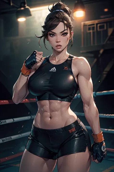 Hailee Steinfeld, A young female fighter in a fighting pit, wearing MMA gloves, tight shorts, and a tight top, (best quality,4k,8k,highres,masterpiece:1.2),ultra-detailed,(realistic,photorealistic,photo-realistic:1.37),1girl,extremely detailed eyes and fac...