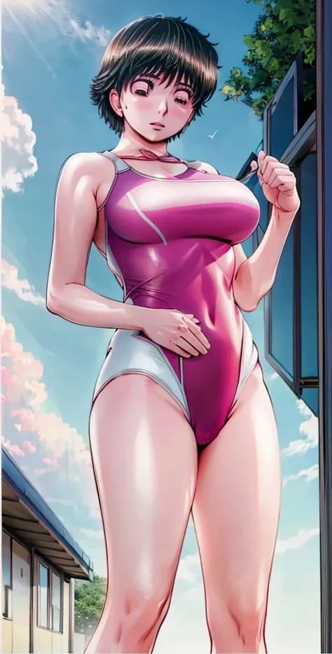 A beautiful woman with boyish, short hair, big breasts and beautiful legs is standing by the pool in a bright pink competitive swimsuit with arena marks。 angle from below 。