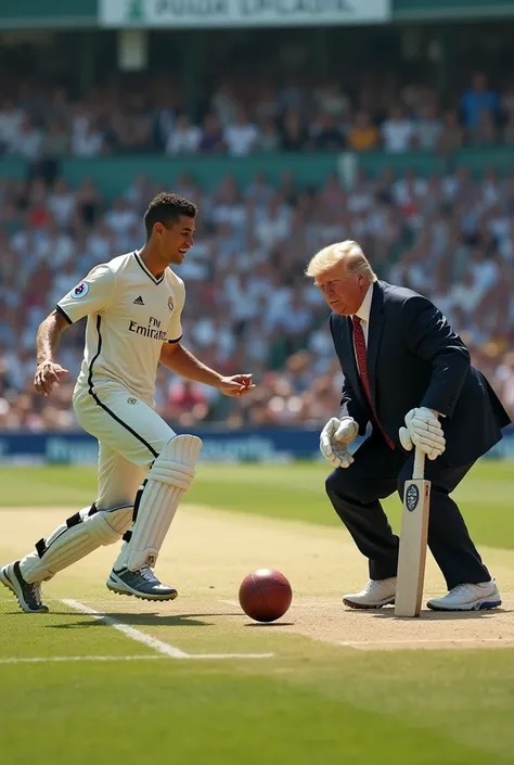 Cristiano Ronaldo Pace Balling Donald Trump Batting On A Cricket Field Thousands Of Spectators Stand Around The Field