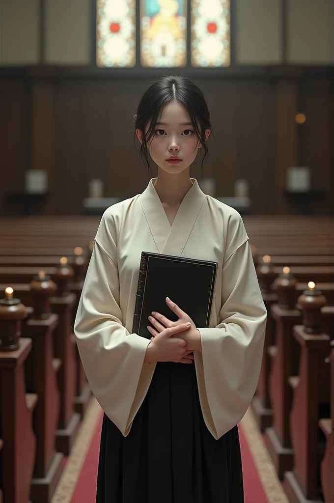 Japanese woman in white shirt and black dress holding a bible setting evangelical church 