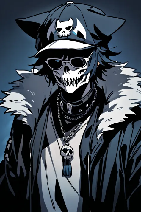 A young man wearing a wolf hat, sunglasses, and a skull mask