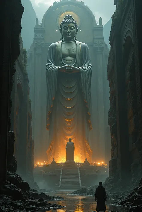 Inside the darkness Giant Ruin Monastery, the Buddha statue in center, cinematic lighting, darktale and epic scene. The lighting lamb enlightening the dark. Golden runes and cybernectic line decorate, Grimmdark, mechanical. (Ultra-realistic, 32k, Masterpie...