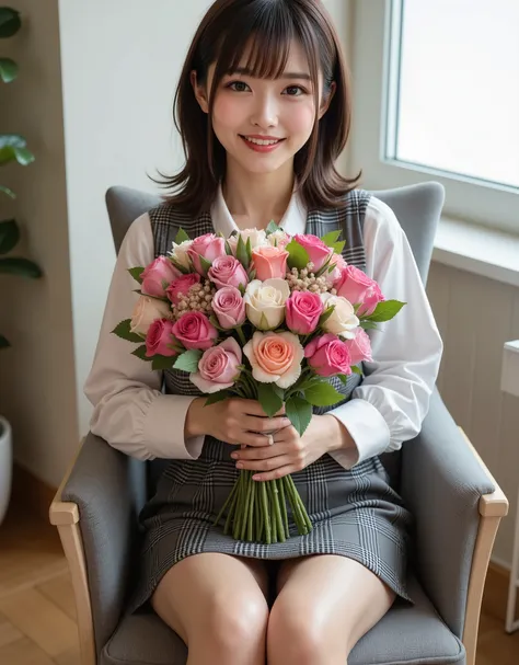  (  RAW photos :1.2), (  Photorealistic ), (Genuine:1.4), １  girl  、  COMPLETE ANATOMY 、48 years old、  camera、Holding a big bouquet、 stick it out to the camera 、  medium long hair 、  Plaid Vest  、 pencil skirt、((  Sit on a chair and cross your legs:1.3))、(...