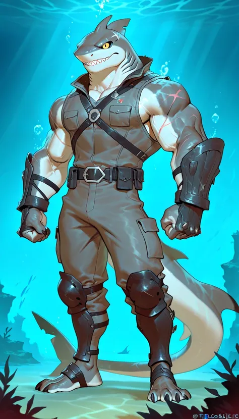 Muscular monster shark, solo, body made of steel, strong, metallic scales, scars on body, 1male solo,feral, muscular, small waist, thick tail, thick scales on the shoulders, marked detailed jaws, open jaws big pecs, pants, full body, comicbook style, best ...