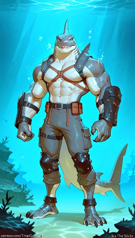 Muscular monster shark, solo, body made of steel, strong, metallic scales, scars on body, 1male solo,feral, muscular, small waist, thick tail, thick scales on the shoulders, marked detailed jaws, open jaws big pecs, pants, full body, comicbook style, best ...