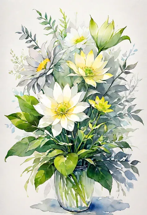 watercolor, watercolor, watercolor風, watercolorの詳細なアート, watercolor digital painting, watercolor paints,   beautiful  、flower arrangement、  wabi sabi art   、white、  grey、green、  parchment  、抽象的flower arrangement、Three big flowers、   dreamy art   、silence、  ...