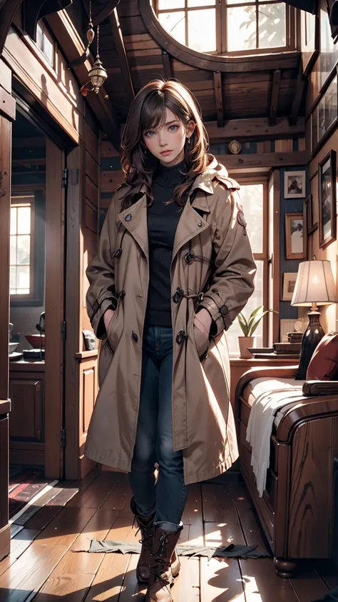 (( A scene with a sense of urgency  (( concept art )), The girl in blue jeans in great detail,  Highly detailed drawing of a girl in a brown coat and boots )), (Better lighting, Better Shadows,  very delicate and terrifying ), ( digital illustration), ((4K...