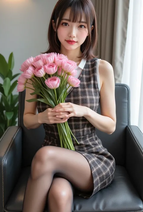  (  RAW photos :1.2), (  Photorealistic ), (Genuine:1.4), １  girl  、  COMPLETE ANATOMY 、48 years old、  camera、Holding a big bouquet、 stick it out to the camera 、  medium long hair 、  Plaid Vest  、 pencil skirt、Sit on a chair and cross your legs:1.3、 perfec...