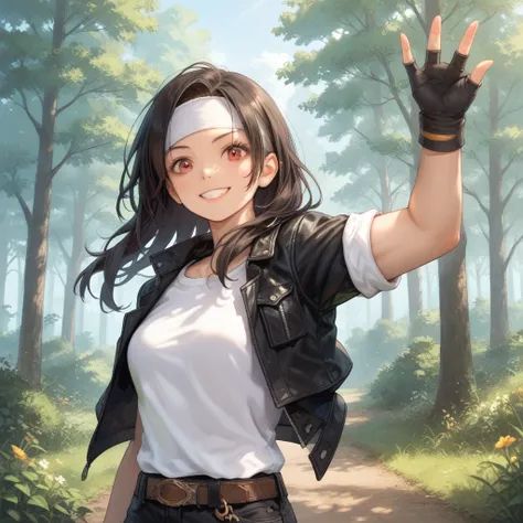 Masterpiece, Best, Smile, 1 Girl, Solo, Long Hair, Bust, Gaze, Smile, Shirt, Black Hair, One Arm Raised, Red Eyes, ((Black Leather Jacket with Arms Rolled Up)), ((White Headband)), White T-shirt, Fingerless Gloves, Outdoors, Open Close, Day, Brown Belt, Bl...