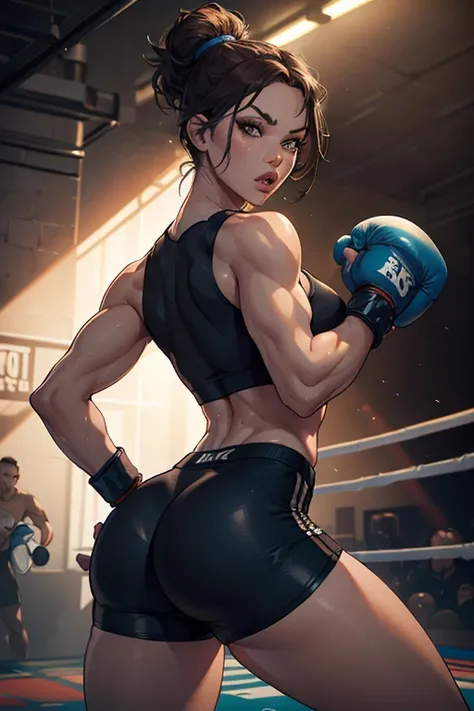 Hailee Steinfeld, A young female fighter in a fighting pit, wearing MMA gloves, tight shorts, and a tight top, (best quality,4k,8k,highres,masterpiece:1.2),ultra-detailed,(realistic,photorealistic,photo-realistic:1.37),1girl,extremely detailed eyes and fac...