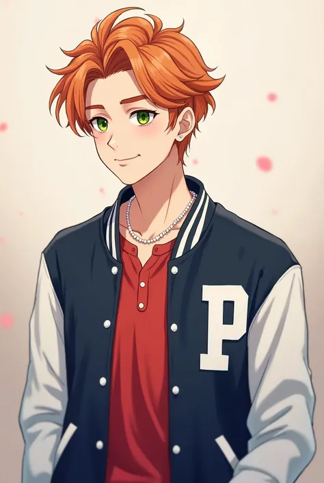 An anime-style realistic illustration of a  man with wavy orange hair and very soft green eyes, looking slightly to the side with a confident yet friendly expression. His fair skin has a soft glow, and his lips are subtly curved into a relaxed smile. He we...