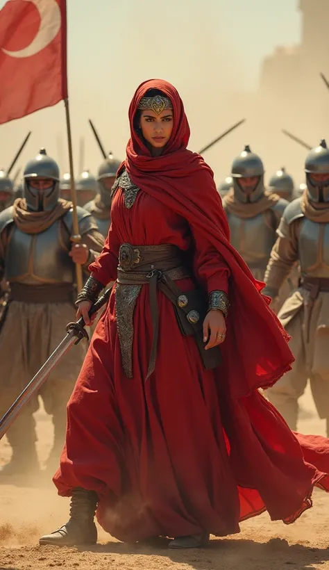 "A warrior woman of the Prophet's ﷺ era, dressed in traditional Middle Eastern attire, a flowing red robe with a turban, standing fiercely amidst the chaos of battle. She wields her sword with precision and courage, engaging multiple enemy soldiers clad in...